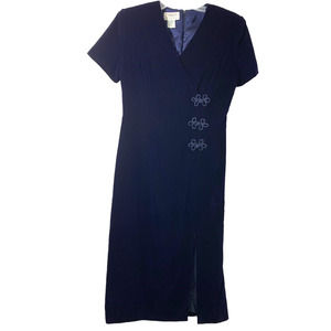 Talbots Blue Velvet Dress Womens 8 Petite Midi Front Slit Short Sleeve Party